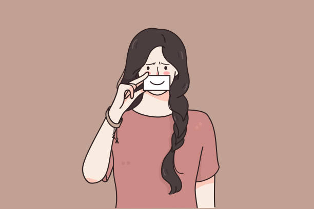Mental disorder, depression, grief concept Mental disorder, depression, grief concept. Young sad unhappy woman holding paper smile on face hiding her mouth behind fake drawn smile pretending to be happy vector illustration hypocrisy stock illustrations