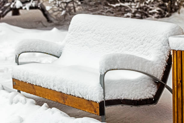 istock Wooden bench completely covered in snow 1302242841