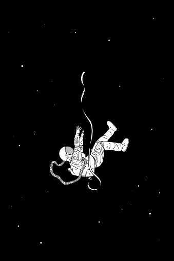 Cosmonaut isolated silhouette. Falling man in space