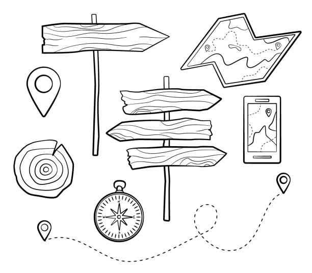 캠핑 세트. 나무 포인터, 지도 및 나침반 미니멀 한 낙서 스타일 - compass drawing compass map cartography stock illustrations