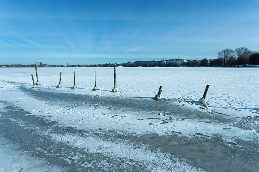 Wide-angle view of the frozen Outer Alster in Hamburg Germany