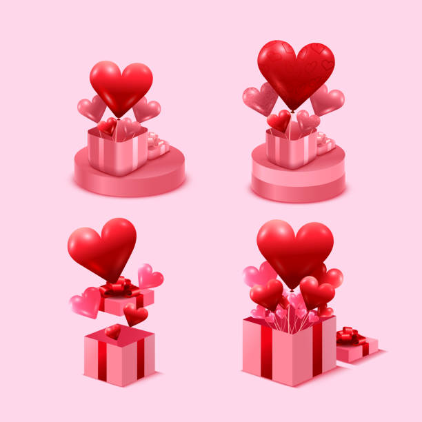 istock Valentine's day concept. Pink gift box open on stand. Full of Hearts and decorative festive object. vector illustration. 1302244845