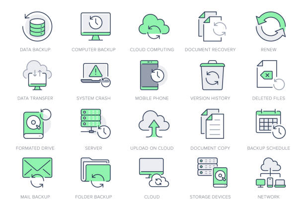 Backup line icons. Vector illustration with minimal icon - recovery data, laptop, system crash repair, database, cloud transfer, recycle bin, folder pictogram. Green Color, Editable Stroke Backup line icons. Vector illustration with minimal icon - recovery data, laptop, system crash repair, database, cloud transfer, recycle bin, folder pictogram. Green Color, Editable Stroke. database stock illustrations