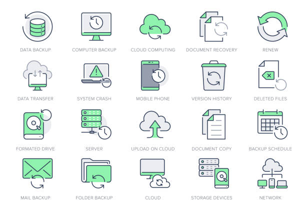 Backup line icons. Vector illustration with minimal icon - recovery data, laptop, system crash repair, database, cloud transfer, recycle bin, folder pictogram. Green Color, Editable Stroke Backup line icons. Vector illustration with minimal icon - recovery data, laptop, system crash repair, database, cloud transfer, recycle bin, folder pictogram. Green Color, Editable Stroke. laptop in a trash bin stock illustrations