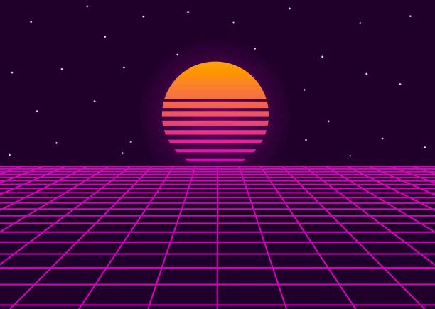 illustrations, cliparts, dessins animés et icônes de paysage rétro futuriste des années 80. fond. neon grille géométrique synthwave, espace léger avec coucher de soleil abstrait cyberpunk design violet années 80 disco fantastique. illustration vectorielle - backgrounds dance and electronic purple abstract