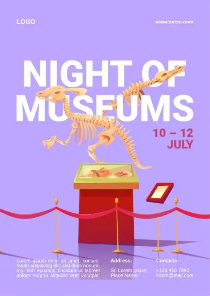 Vector illustration of Night of museums poster with dinosaur skeleton