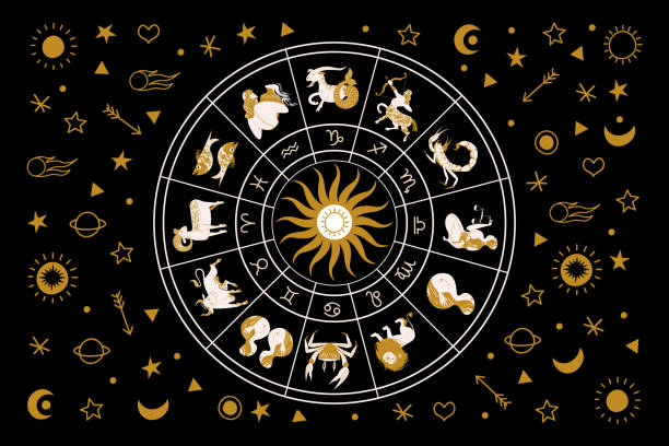 horoskop und astrologie. horoskoprad mit den zwölf zeichen des tierkreises. zodiakalkreis. vektor-illustration. - horse sign black vector stock-grafiken, -clipart, -cartoons und -symbole