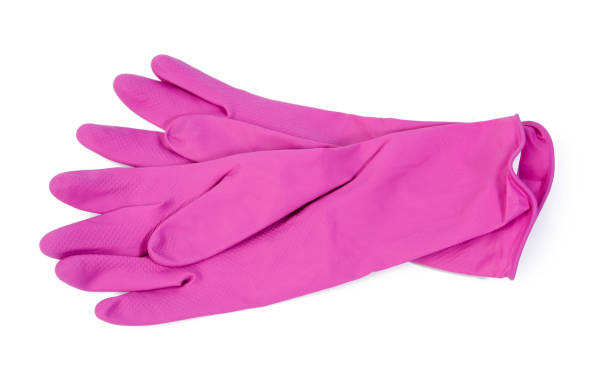 istock pair of pink protective rubber gloves for cleaning on a white background 1302249959