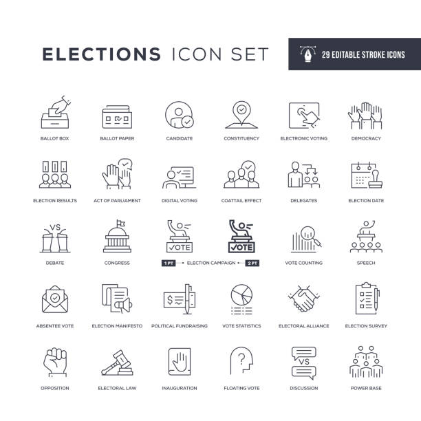 illustrations, cliparts, dessins animés et icônes de icônes de ligne d’avc modifiables d’élections - picto urne