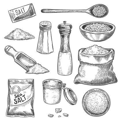 Sea salt. Sketch vintage hand mill with spice and seasoning. Engraved jar, spoon and bags with organic salt crystals for cooking, vector set. Sea salt sketch, spoon kitchen to cook illustration