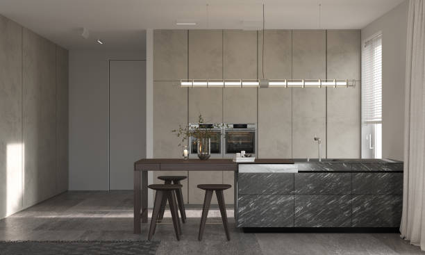 istock Minimalism modern interior design. Studio kitchen room with kitchen island and chairs. 3d rendering. 3d illustration. 1302251570