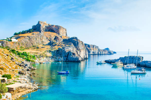 Landscape of the coast of Rhodes island stock photo