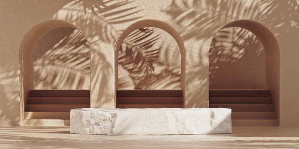istock Nature stone pedestal podium with palm tree leaves shadow 1302254442