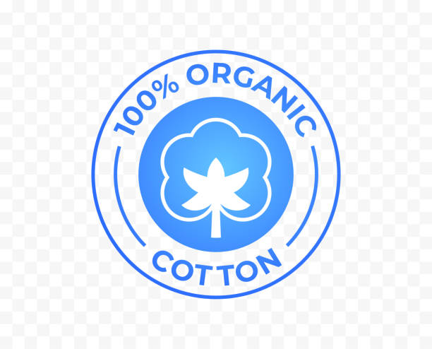 ilustrações de stock, clip art, desenhos animados e ícones de cotton icon, 100% organic natural logo, vector label for cotton fabric clothes tag and quality certificate stamp - cotton smooth green plant