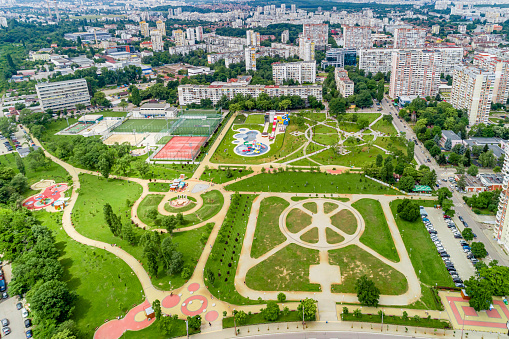 Wide aerial drone shot of  public park Vazrajdane ,  Sofia city, Bulgaria, (Bulgarian :парк Възраждане и комплекс Възраждане, София, България). The picture was taken at day time with DJI Phantom 4 Pro drone / quadcopter.
