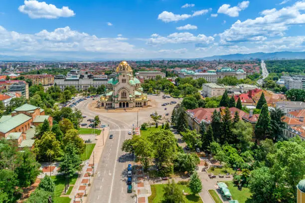 Aerial view of Alexander Nevski cathedral in Sofia, Bulgaria  (Bulgarian: Храм паметник Александър Невски, София, България ). The scene is situated in downtown district of Sofia, Bulgaria (Eastern Europe). The picture is taken with DJI Phantom 4 Pro drone.