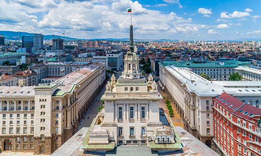 Wide aerial drone shot of downtown district, Sofia city, Bulgaria.  The picture was taken at day time with DJI Phantom 4 Pro drone / quadcopter.