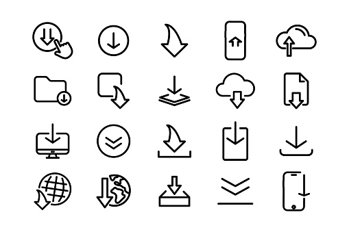 Set of black download icons. Download icon set for web site or application. Download arrows collection button. Arrow down document file symbol icon. Download file Arrow button. Various simple download