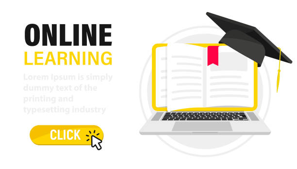 istock E-learning, online education at home. Digital Online Education. Laptop with book's pages as screen. Web page with books and a Graduation hat. Online training, workshops and courses, cloud technology 1302257516