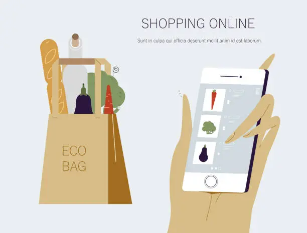Vector illustration of Smart online shopping. Grocery mobile app. Eco bag with vegetables.