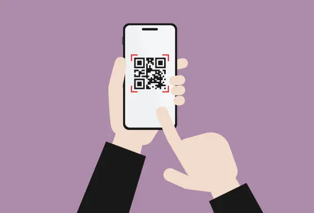 Vector illustration of Hand holds a mobile phone for use a QR code