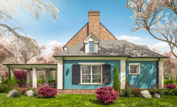 istock 3d rendering of modern classic house in colonial style in spring day 1302259196