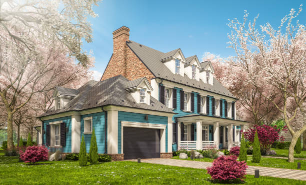 istock 3d rendering of modern classic house in colonial style in spring day 1302259245