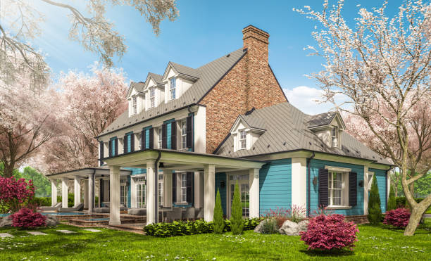 istock 3d rendering of modern classic house in colonial style in spring day 1302259246