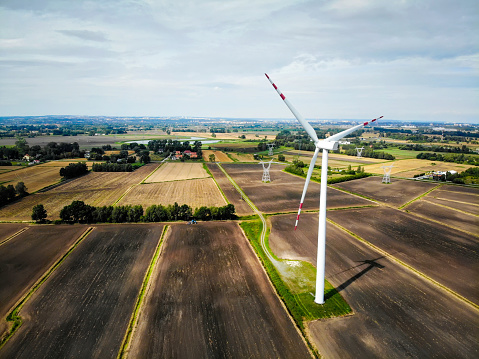 Wind turbine renewable energy aerial view agriculture field