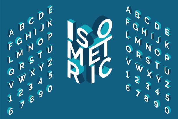 alfabet izometryczny. 3d pogrubienie wielkich liter łacińskich i cyfr, geometryczna futurystyczna typografia, sześcienny blok prosty czcionka angielska różne kąty, prosty wektor izometryczny zestaw izolowany abc - isometric stock illustrations