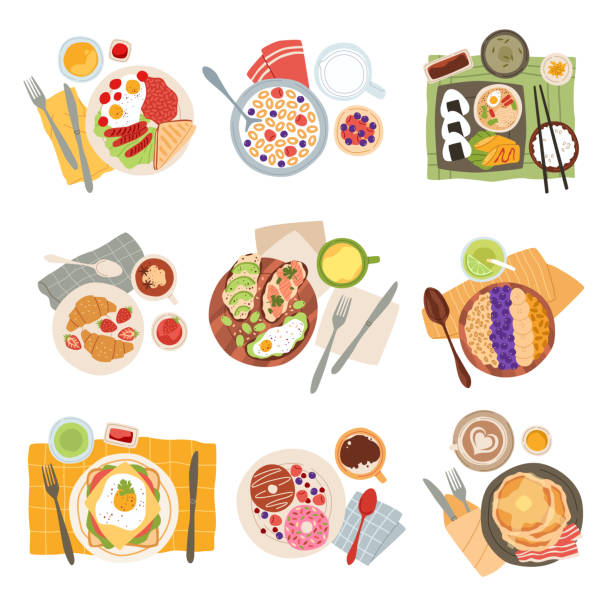 ilustrações de stock, clip art, desenhos animados e ícones de breakfast meal. morning tasty healthy food types, avocado toasts, americano coffee and doughnuts, pancakes with bacon, eggs and sandwich, oatmeal and croissants top view vector set - breakfast plate