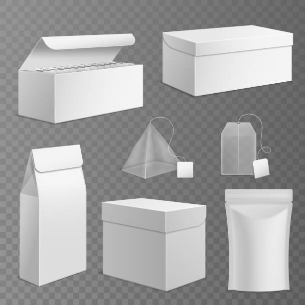 ilustrações, clipart, desenhos animados e ícones de pacote de chá. caixas brancas retangulares de papel realistas e diferentes sacos de chá com etiquetas em branco, embalagem de zip 3d isolada, sachê de pirâmide. recipientes vazios para definir modelo de vetor de marca - teabag label blank isolated