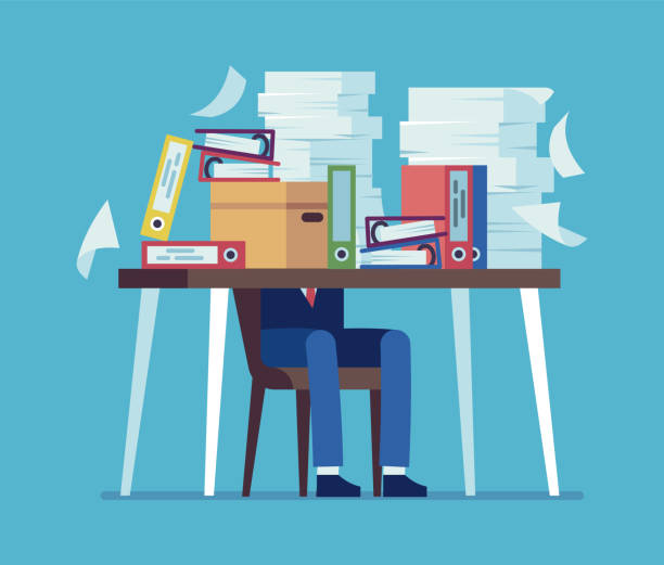 ilustrações de stock, clip art, desenhos animados e ícones de accounting documents piles. unorganized office work concept. man sitting at table with heaps of papers and folders. time management failure. ineffective workflow, vector unfinished job - desk