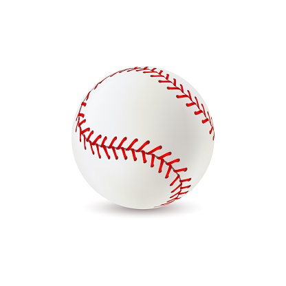Baseball ball. Realistic sport equipment for game, white leather with red lace stitches 3d round softball, american athletic professional balls with seams vector isolated single closeup illustration