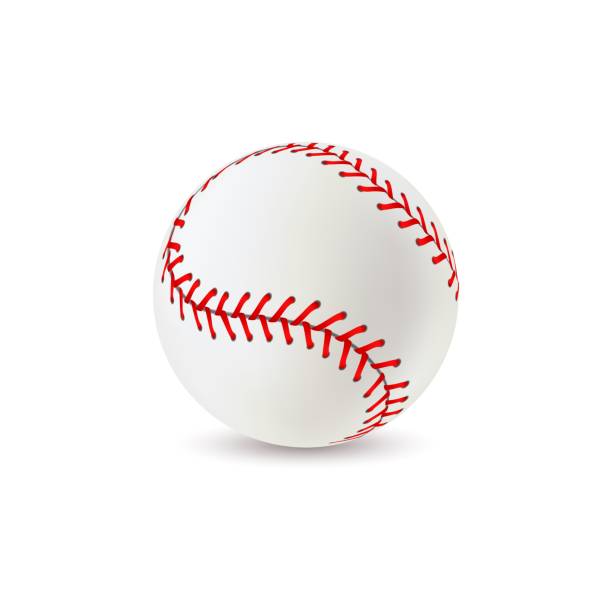 Baseball ball. Realistic sport equipment for game, white leather with red lace stitches 3d softball, athletic professional balls with seams vector isolated single closeup illustration Baseball ball. Realistic sport equipment for game, white leather with red lace stitches 3d round softball, american athletic professional balls with seams vector isolated single closeup illustration baseball stock illustrations