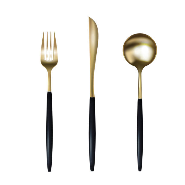 istock Set of gold cutlery isolated on white background, vector illustration. Realistic, 3D. Restaurant design, cafe. 1302261858