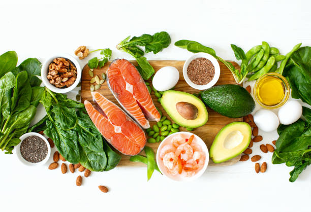 koncepcja naturalnych źródeł żywności omega 3, widok z góry na dół - omega three zdjęcia i obrazy z banku zdjęć