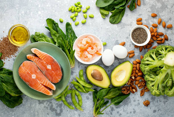 istock Omega 3 natural food sources concept, top down view 1302262905