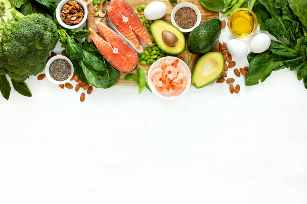 istock Omega 3 natural food sources concept, top down view 1302262908