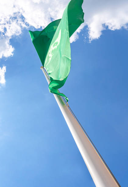 istock Green flag waving on the sky background 1302263197