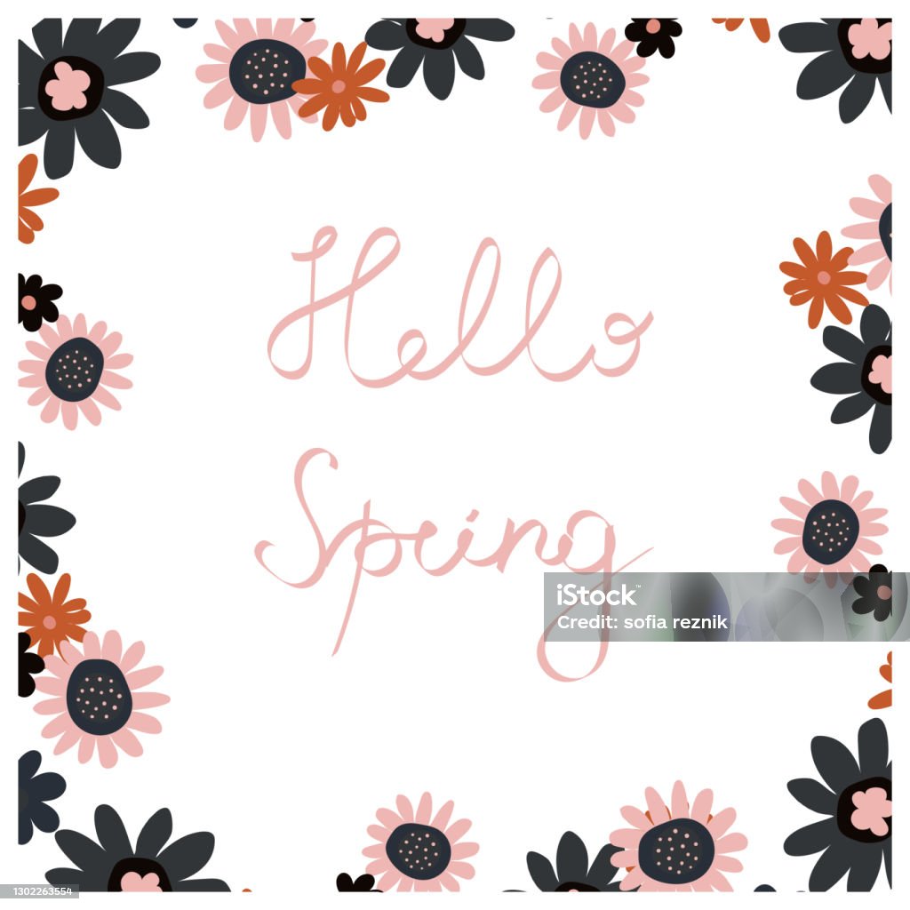 Hello Spring Photo Frame Vector Illustrationfloral Frame With Hello Spring Lettering Stock ...