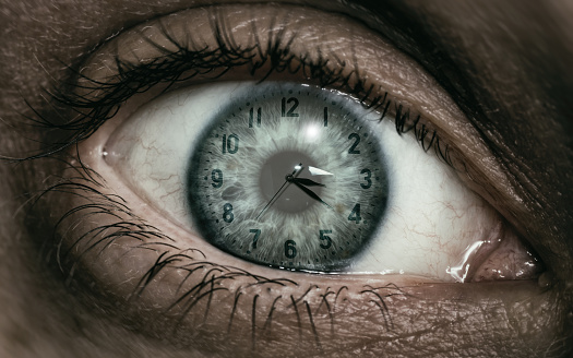 Multi exposure with human eye and clock. Human ageing concept.
