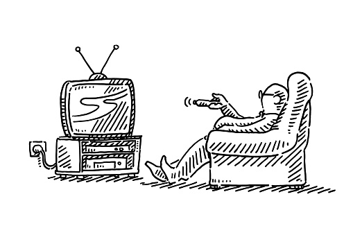 Man Sitting On Armchair Watching TV Drawing