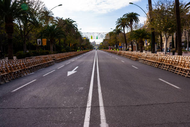 05.01.20. Malaga, Spain. Three Kings march, parade. Empty street with thousands of chairs on the sides stock photo