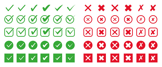 Set of check mark flat icon. Green tick and red cross symbol for checklist. Vector