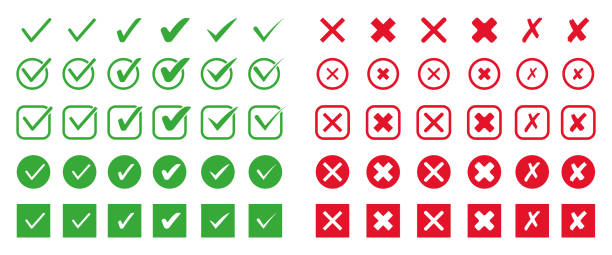 Set of check mark flat icon. Green tick and red cross symbol for checklist. Vector Set of check mark flat icon. Green tick and red cross symbol for checklist. Vector thick stock illustrations