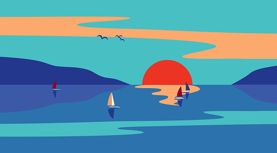 Seaside Sunset Minimalist Style flat color vector. Sailing at Sunset Seascape cartoon design. Summer ocean sunrise illustration of sun dawn, sea water. Relaxing tropical nostalgic vacation background