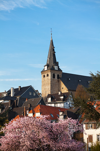 Church Martin Luther and old town of Essen Kettwig in spring
