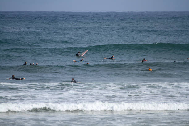 istock Many surfers sit and lie on their surfboards between breaking approaching waves on a beach in Portugal on the Atlantic Ocean 1302272056