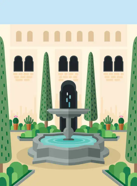 Vector illustration of Abstract idyllic scenery of backyard with streaming fountain and inner garden.